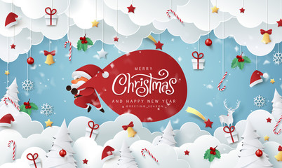 Wall Mural - winter christmas composition in paper cut style.merry christmas text calligraphic lettering vector i