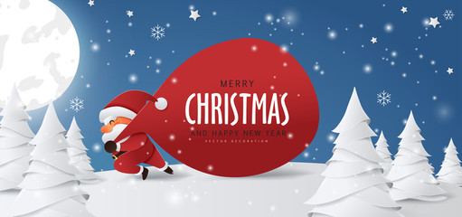 santa claus with a huge bag on the run to delivery christmas gifts at snow fall.merry christmas text