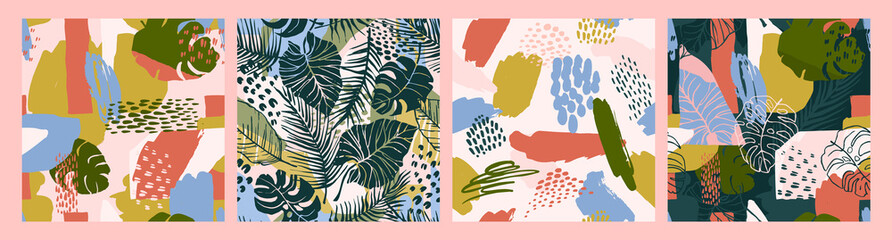 Abstract creative seamless patterns with tropical plants and artistic background.