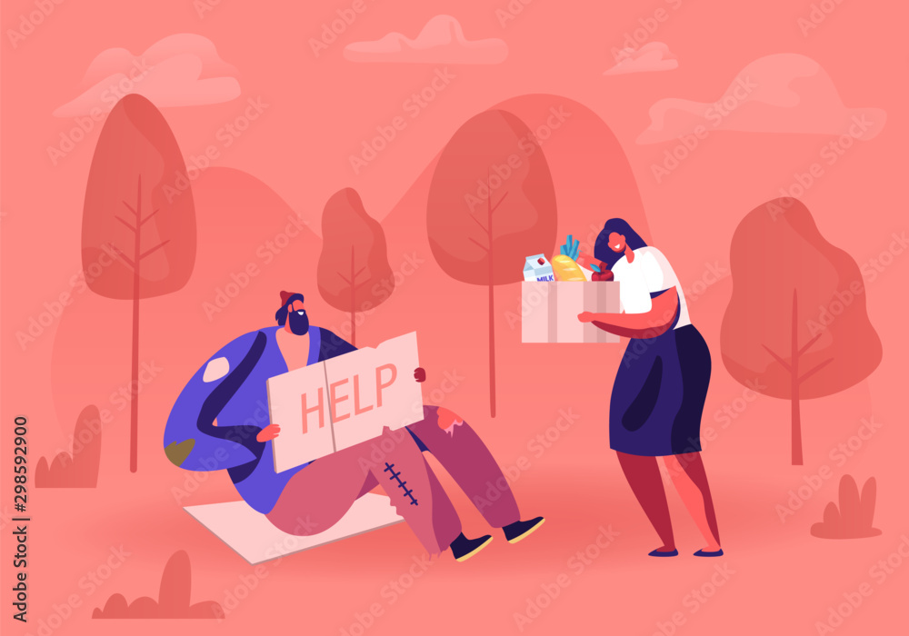 Homeless Man Sitting on Ground with Nameplate. Male Beggar Character with Sign Cardboard Ask for Help. Woman Volunteer Giving him Box with Donation. Poverty Concept Cartoon Flat Vector Illustration - obrazy, fototapety, plakaty 