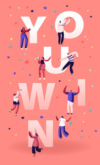 Wall Mural - You Win Concept. Cheerful People Laughing Dancing and Celebrating with Hands Up. Employees Rejoice for New Project Success and Victory Poster Banner Flyer Brochure. Cartoon Flat Vector Illustration