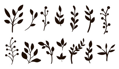 Wall Mural - Vector greenery silhouettes clip art set. Flat trendy illustration with leaves, branches, berries. Meadow, woodland, forest, garden black elements isolated on white background. .