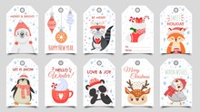 Cute Animals Christmas Tags. Holiday Gift Tag With Winter Owl, Deer And Bears. Happy Animal Celebrate Xmas Label, 2020 New Year Greeting Or Invitation Card. Isolated Cartoon Vector Icons Set