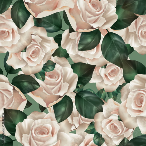 Seamless pattern of beautiful roses and leaves