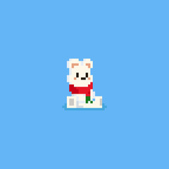 Poster - Pixel sitting polar bear with red scarf,Christmas.8bit.