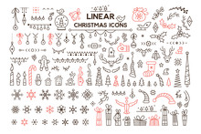 Winter Holidays Decoration Vector Linear Illustrations Set
