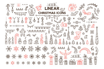 winter holidays decoration vector linear illustrations set