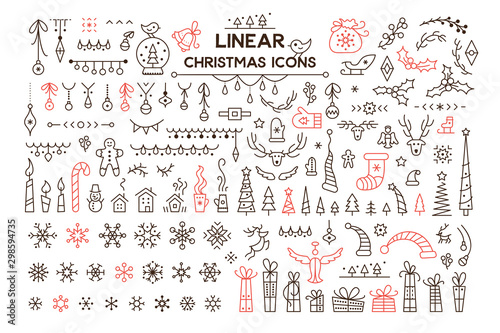 Fotomural Winter holidays decoration vector linear illustrations set