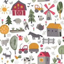 Vector Seamless Pattern With Cute Hand Drawn Farm Animals, Trees, Houses, Tractor, Mill.