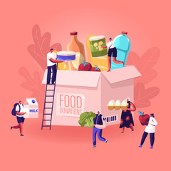 Wall Mural - Tiny People Filling Cardboard Donation Box with Different Food and Products for Help to Poor People in Shelter, Support Social Care, Volunteering and Charity Concept. Cartoon Flat Vector Illustration