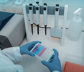 Aufkleber - Woman in latex gloves holding samples for researching in hands