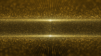 Fototapete - Futuristic virtual stage golden particles and elegance lights abstract glittering pattern for stage performance show and video jockey loop background
