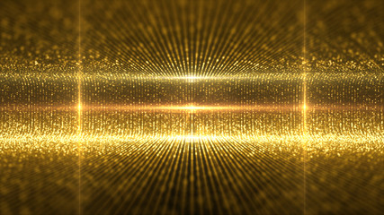 Fototapete - Futuristic virtual stage golden particles and elegance lights abstract glittering pattern for stage performance show and video jockey loop background