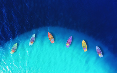 Wall Mural - boats from air. aerial view on sea. summer seascape with clear water in sunny day. top view of boats