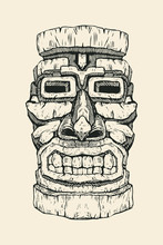 Hawaiian Tiki Statue Mask. Hand Drawn Design Element. Vector Illustration