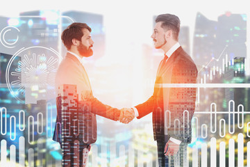 Poster - Businessmen shaking hands in city, HUD interface
