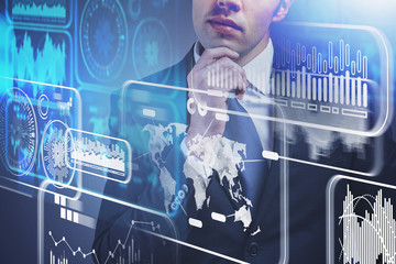 Poster - Pensive young businessman, digital interface