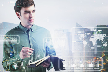 Poster - Thoughtful young man with notebook, infographics