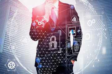 Poster - Pensive businessman in city, global network