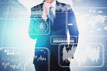 Poster - Pensive manager in city, infographic interface