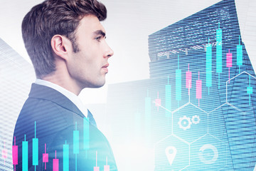 Poster - Thoughtful young businessman, digital interface