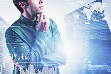 Poster - Pensive casual man in city, infographic interface