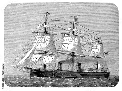 German ironclad warship, sail and steam engine ship, 19th century Tableau sur Toile