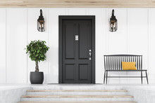 Black Front Door Of White House, Tree And Bench