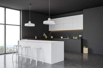 White and gray kitchen corner with bar