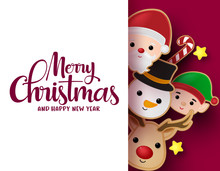 Christmas Greeting Card Vector Background Template. Merry Christmas Typography Text In Empty White Space For Messages With Snowman, Reindeer, Santa Claus And Cookie Gingerbread Elements In Red.