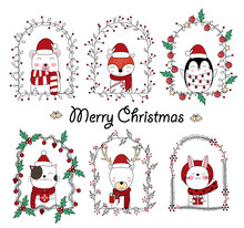 Christmas Design With The Cute Animal Cartoon In Floral Frame. Hand Drawn Cartoon Style