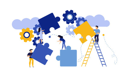 Wall Mural - Puzzle together vector concept business jigsaw piece illustration teamwork solution idea. Connect background group success design. Solve problem work cooperation element part strategy