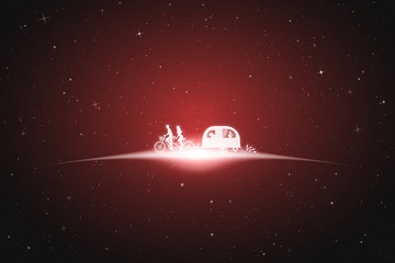Sticker - Newlyweds on bike tandem in space. Vector conceptual illustration with white silhouettes of people and dog traveling with camper trailer. Road trip. Abstract background with stars and glowing outline