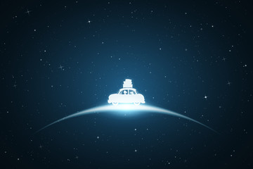 Sticker - Cartoon retro car in space. Vector conceptual illustration with white silhouettes of woman and dog traveling in camper. Family road trip. Blue abstract background with stars and glowing outline