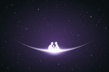 Sticker - lovers in space. vector conceptual illustration with white silhouette of sitting couple. violet abst