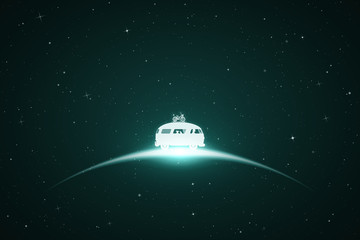 Sticker - Retro car in space. Vector conceptual illustration with white silhouettes of people traveling in camper. Family road trip. Emerald abstract background with stars and glowing outline