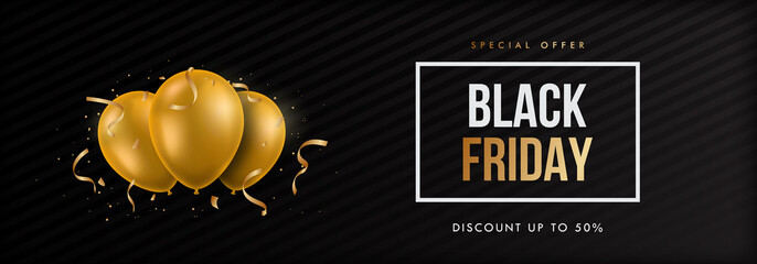 Horizontal vector banner with 3d golden balloons for Black Friday sale. Good for website, bilboard and etc.