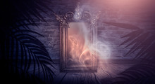 Dark Room, A Magical Antique Mirror. Night View Of The Room, Fantasy. Dark Abstract Background With A Mirror. Neon Light, Smoke, Smog, Magic Dust.