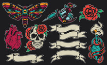 Set Of Tattoo Design Elements - Skull, Roses, Butterfly, Tattoo Machine, Ribbons, Heart And Elexir