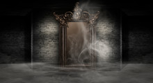 Dark Room, A Magical Antique Mirror. Night View Of The Room, Fantasy. Dark Abstract Background With A Mirror. Neon Light, Smoke, Smog, Magic Dust.