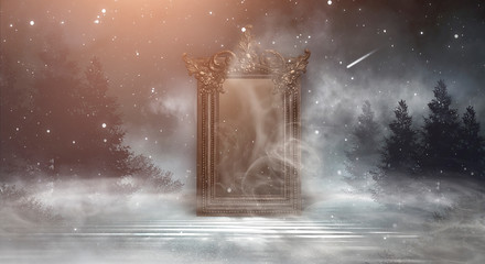 Dark fantasy landscape. Dark forest, magic mirror. Dark scene of a night landscape with a split glass. Night view, smoke, smog, neon light, moon.