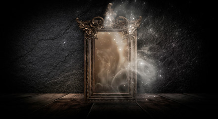 Canvas Print - Dark room, a magical antique mirror. Night view of the room, fantasy. Dark abstract background with a mirror. Neon light, smoke, smog, magic dust.