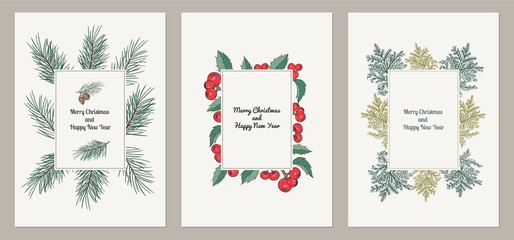 Set of cards for the winter holidays with fir brunches and fir cones, berries holy and leaves branches, lights and place for text.