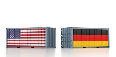 Wall Mural - Two freight container with USA and Germany flag. 3D Rendering