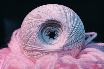 Poster - Close up beautiful tangle of thread in red and blue light on a dark background. Macro Photography view.