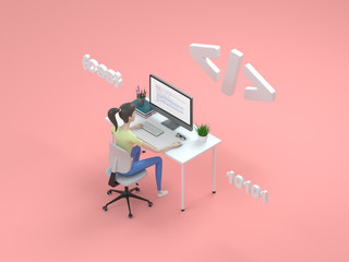 Young professional female programmer is working at a computer. Isometric 3d render, illustration for web page design.