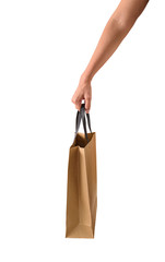 Female hand holding blank brown papaer shopping bags