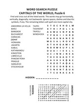 Capitals Of The World Word Search Puzzle Or Word Game (English Language), Puzzle 6 Of 10. Answer Included.