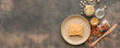 © Pixel-Shot - Plate with tasty peanut butter and bread on grey background with space for text
