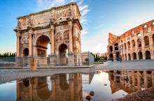 Arch Of Constantine And Colosseum In Rome, Italy. Triumphal Arch In Rome, Italy. North Side, From The Colosseum. Colosseum Is One Of The Main Attractions Of Rome. Rome Architecture And Landmark.